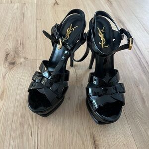 Saint Laurent Black Patent Platform Stiletto Sandals with Gold Hardware
